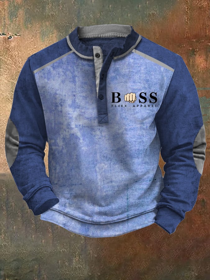 Men's Retro Lettering Contrast Color Print Button Sweatshirt