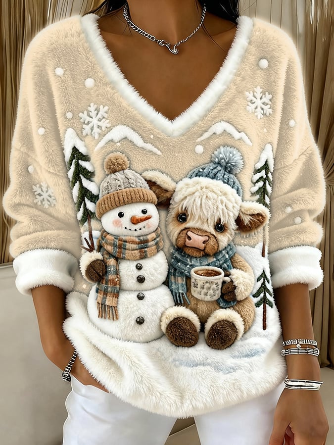 Női felső állatos motívumokkal: skót tehén, jeti, művészi nyomat, V-nyakú