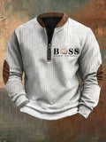 Men's Retro Letter Design Printed Zipper Collar Square Jacquard Sweatshirt