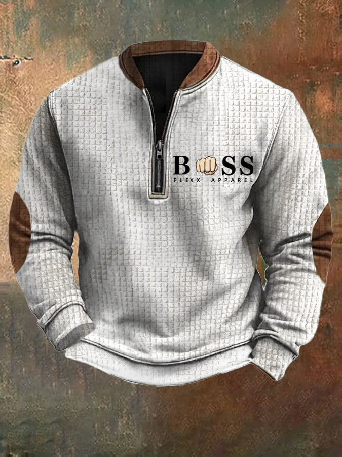 Men's Retro Letter Design Printed Zipper Collar Square Jacquard Sweatshirt