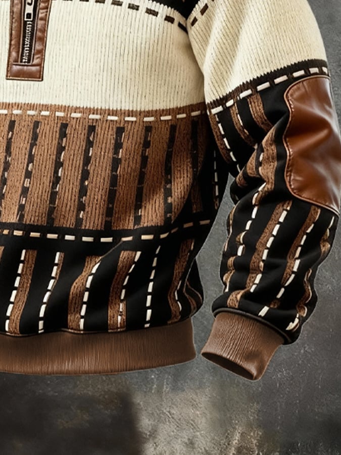 Férfi retró stílusú, lezser pulóver kontrasztos színű, félcipzáras, állógallérral és hosszú ujjakkal.