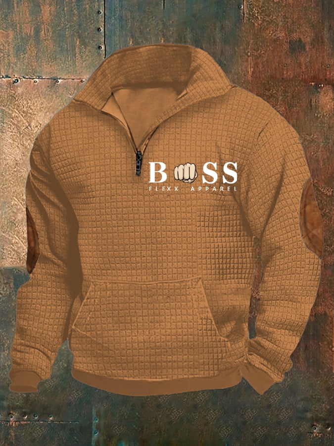 Men's Retro Letter Design Printed Stand Collar Checkered Fabric Sweatshirt