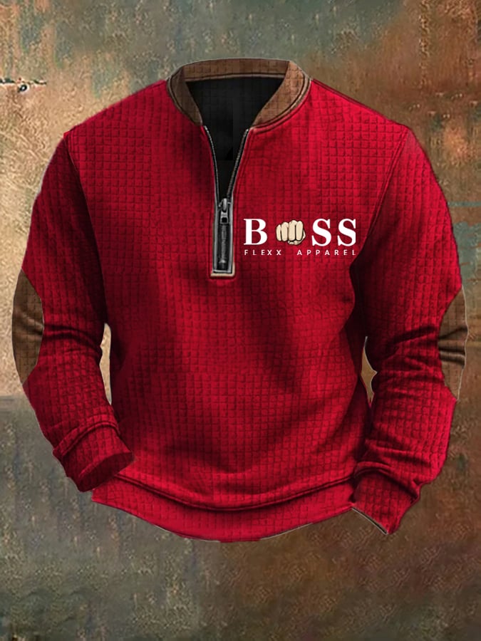 Men's Retro Letter Design Printed Zipper Collar Square Jacquard Sweatshirt