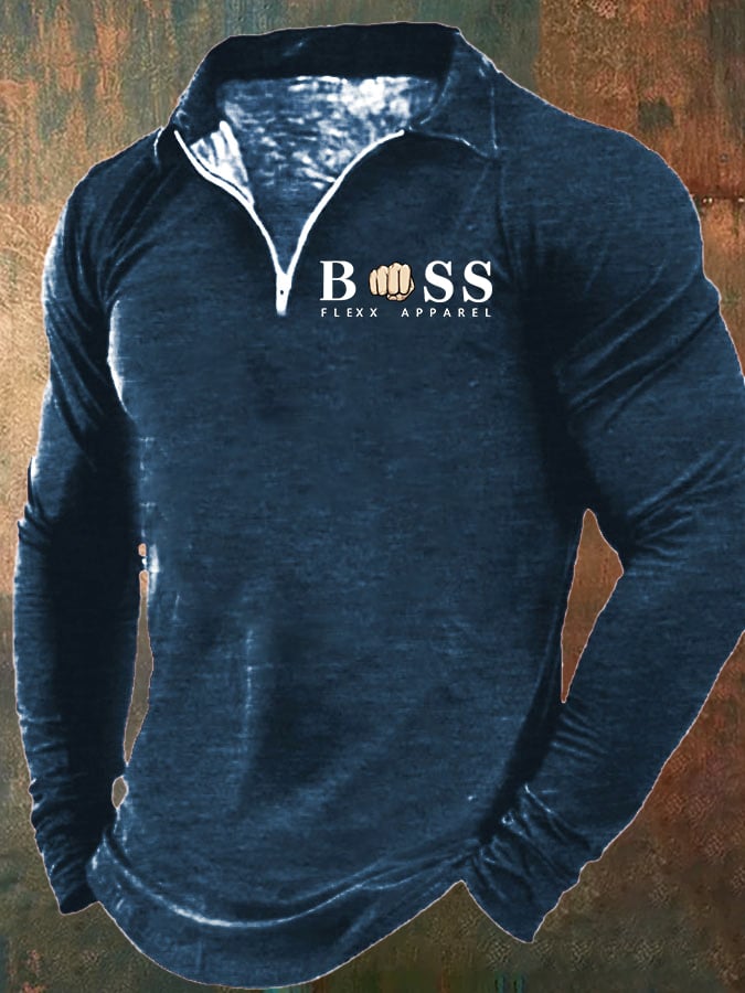 Men's Retro Lettering Print Lapel Zipper Sweatshirt