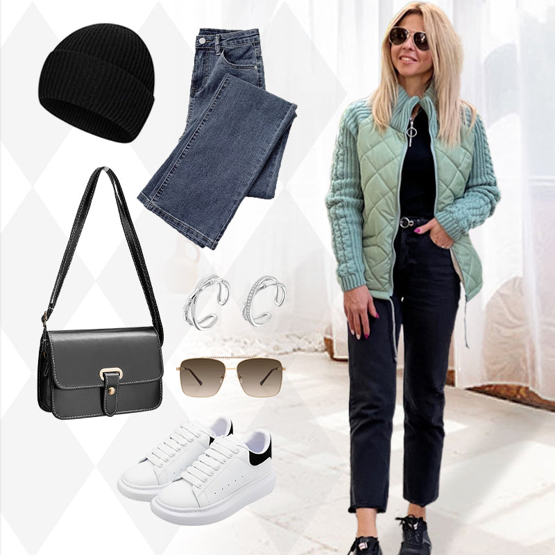 Gestrickte Patchwork-Pufferjacke für Damen